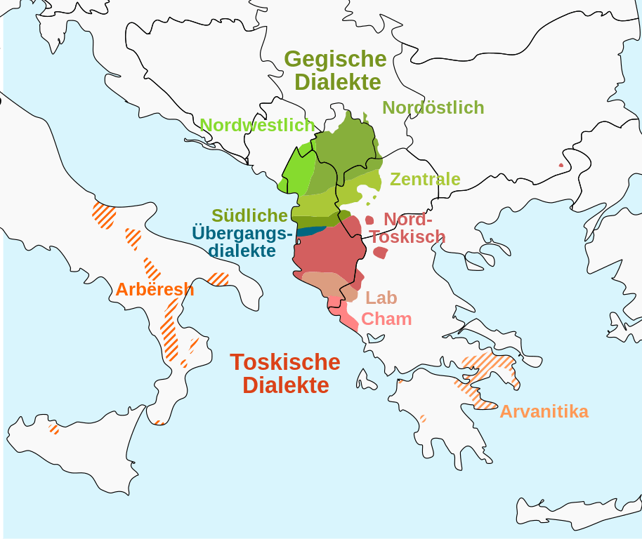 Karte der albanischen Dialekte, die die Vielfalt der albanischen Sprache in verschiedenen Regionen zeigt. albanische sprache.